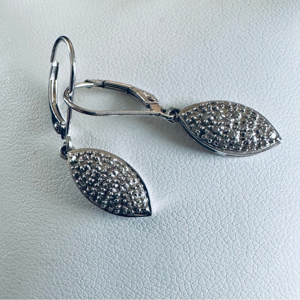 10K White Gold Textured Marquise Dangle Earrings Pave Diamonds